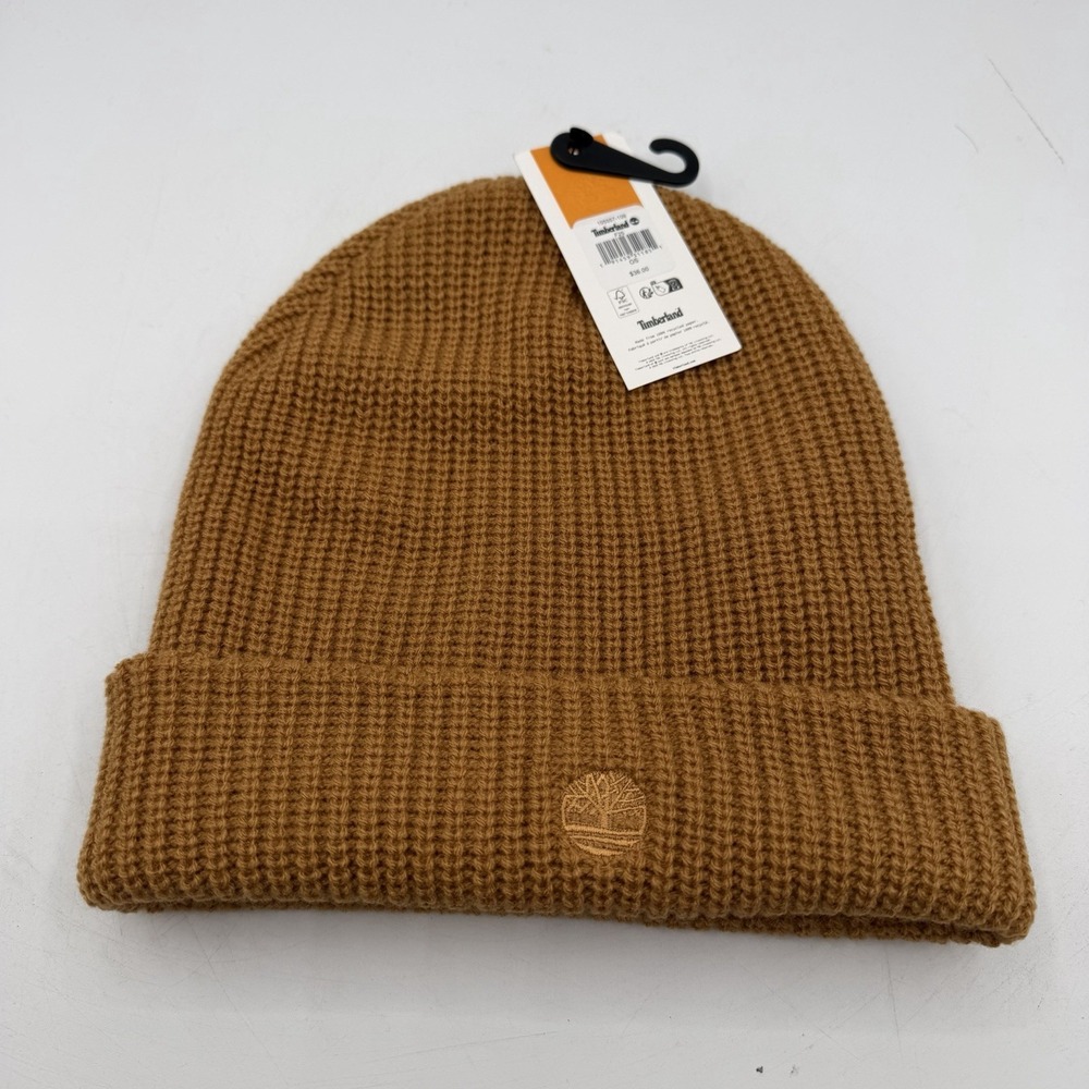 Timberland Beanie Hat Cap Beige Brown Knit Cuffed Winter One Size NWT